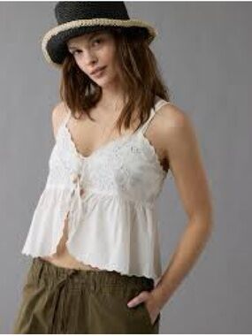 AE Tie Front Embroidered Tank Top | American Eagle